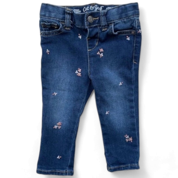 Cat & Jack Girl's Floral Embroidered Dark Blue Skinny Stretchy Toddler Jeans, 2T - Picture 2 of 7